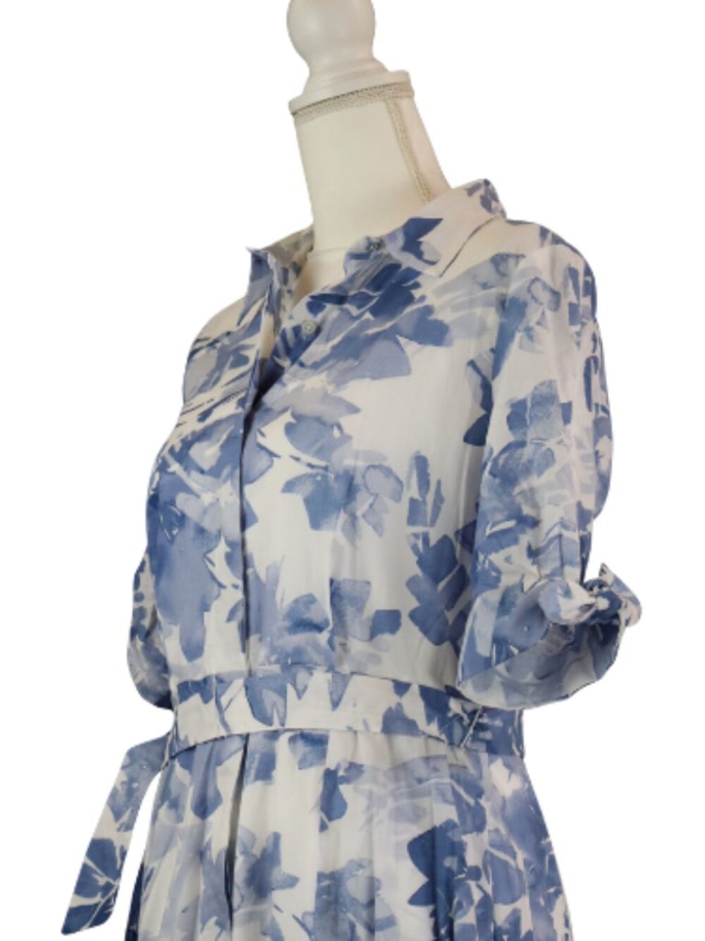 Calvin Klein Blue White Floral Shirt Dress V Neck Belted Dress Formal Size 6 - Picture 10 of 13